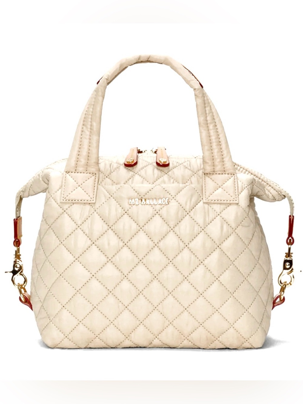 MZ Wallace Small Sutton Deluxe Quilted Satchel in Buff/Champage